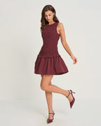 Wine Red Sleeveless Mini Dress with Shirred Details