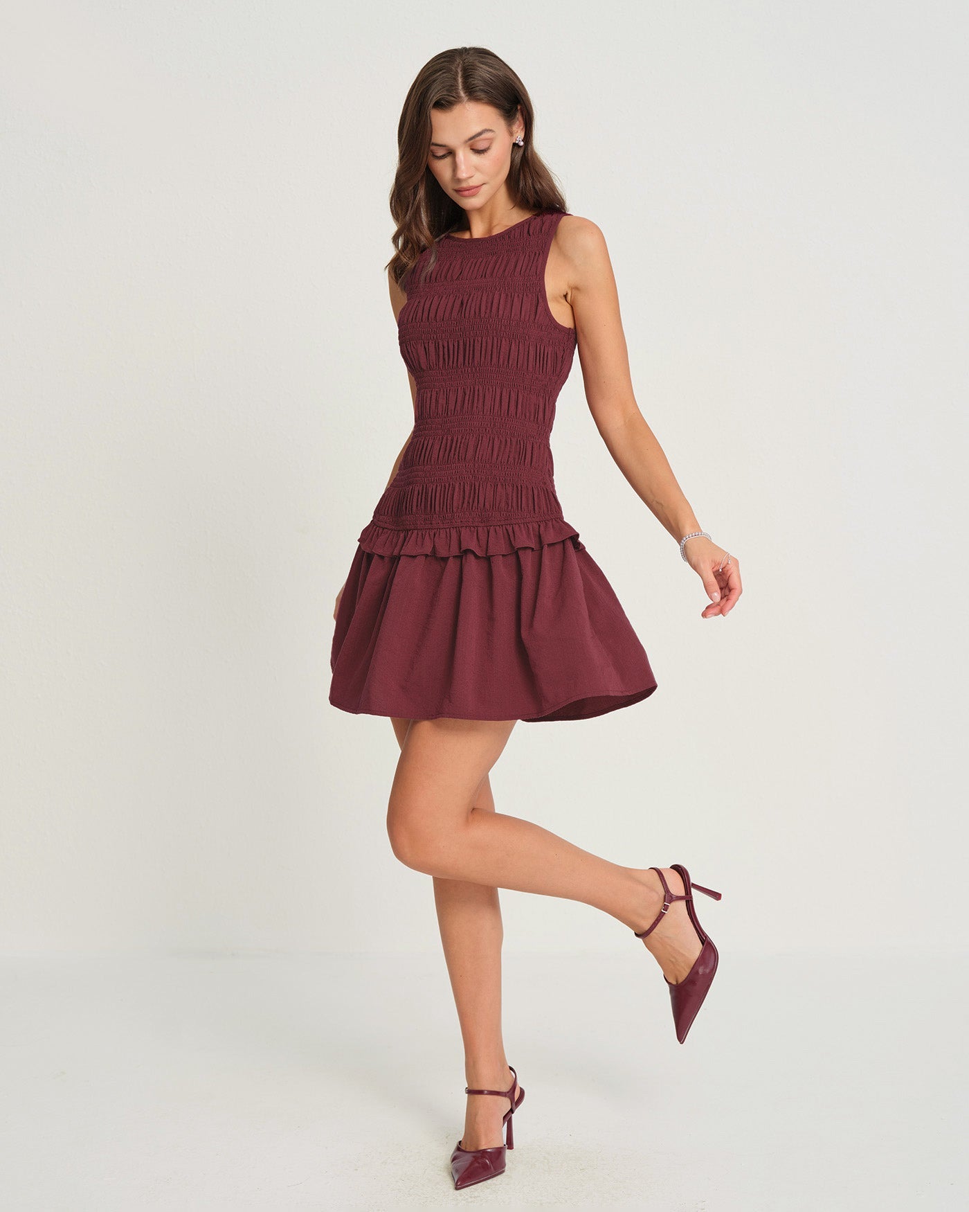Wine Red Sleeveless Mini Dress with Shirred Details