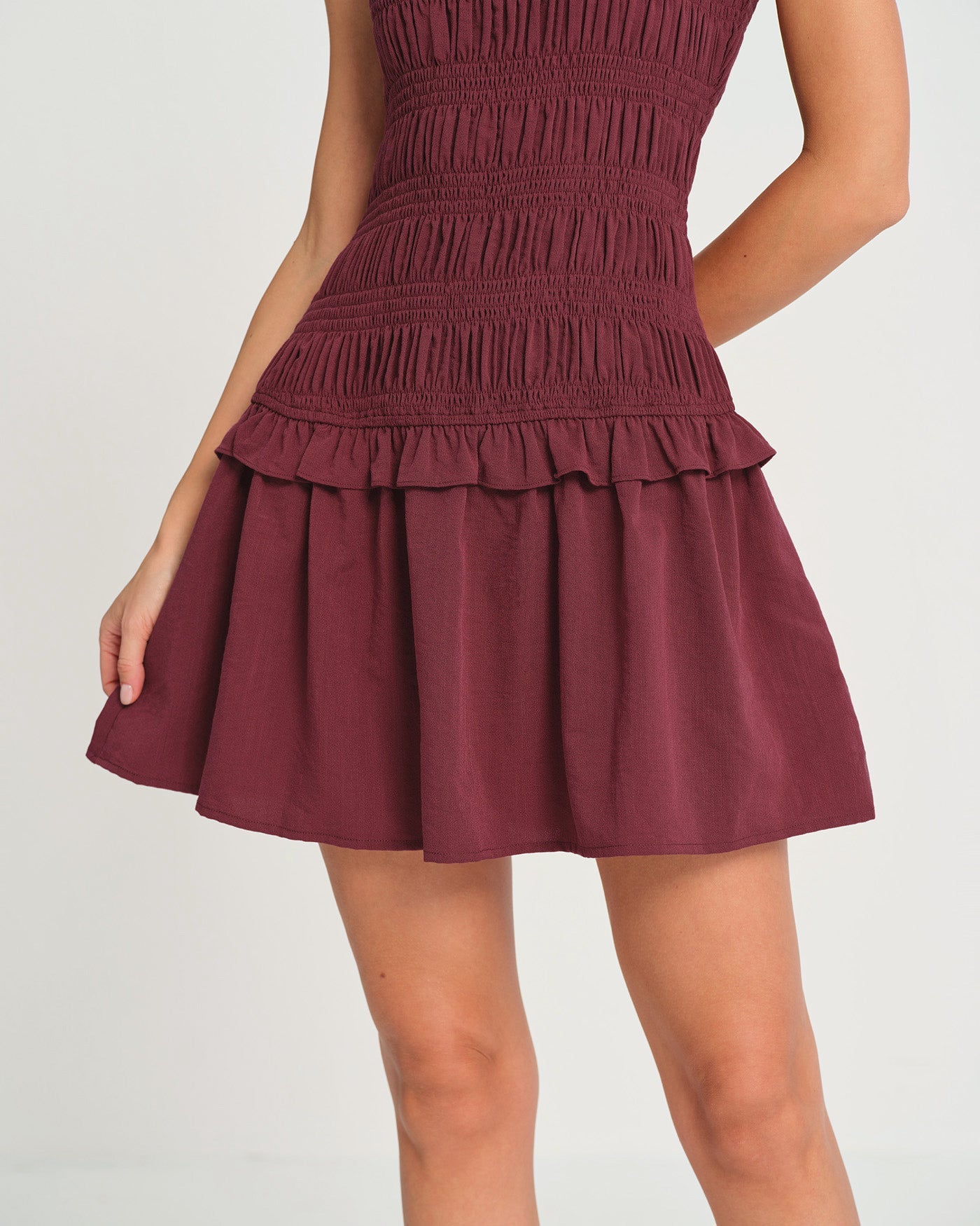 Wine Red Sleeveless Mini Dress with Shirred Details