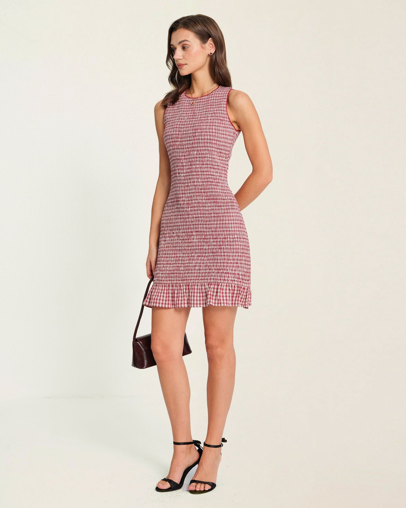 Red Plaid Mini Dress with Ruffle Details