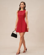 Crimson Boat Neck Button-Up Mini Dress