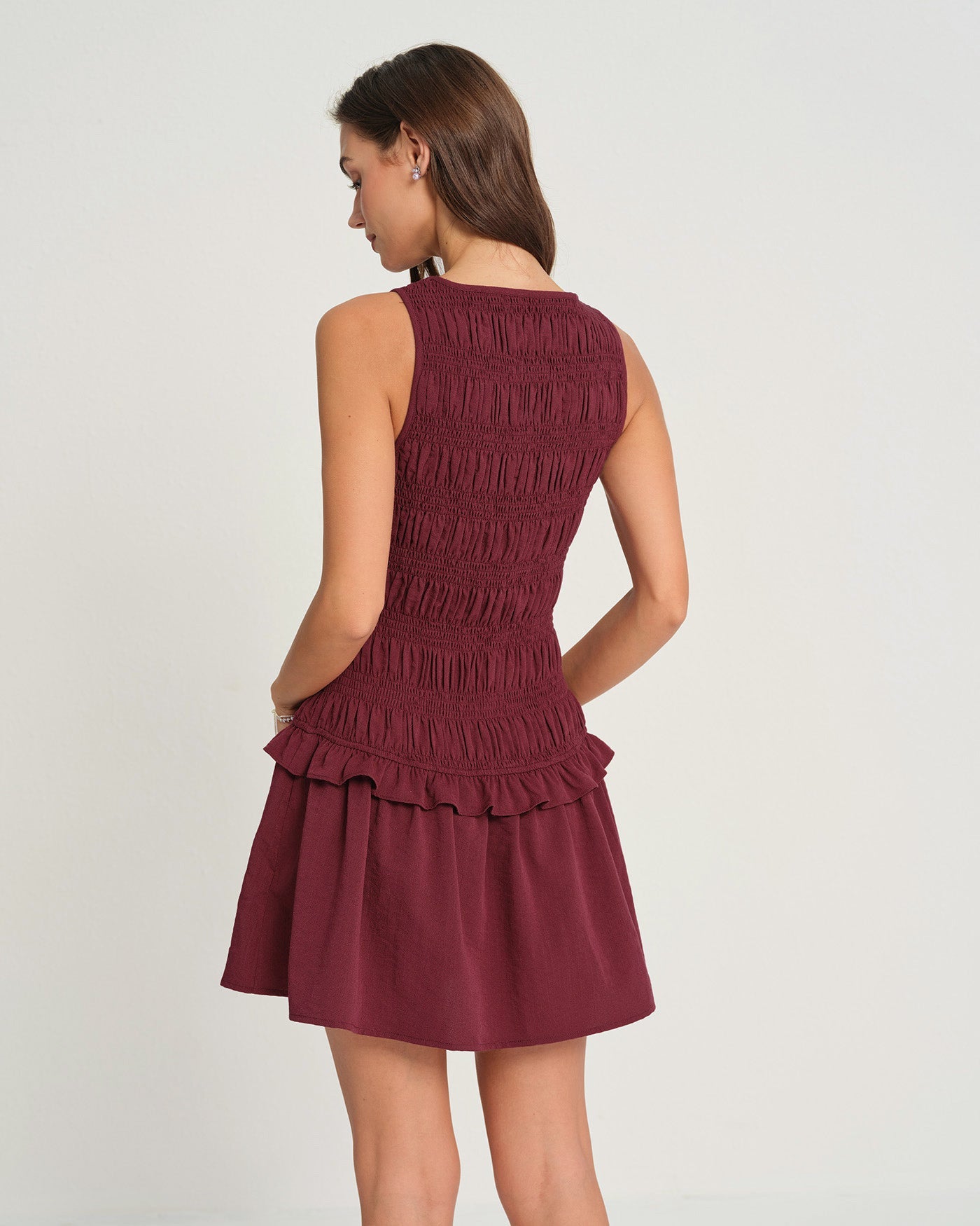 Wine Red Sleeveless Mini Dress with Shirred Details