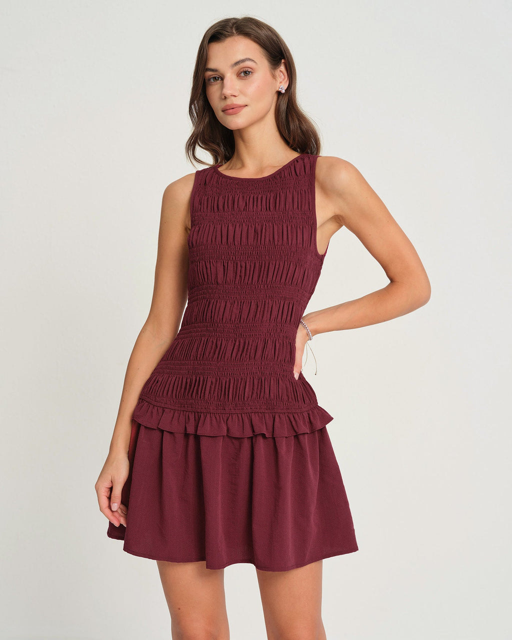Wine Red Sleeveless Mini Dress with Shirred Details