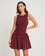 Wine Red Sleeveless Mini Dress with Shirred Details