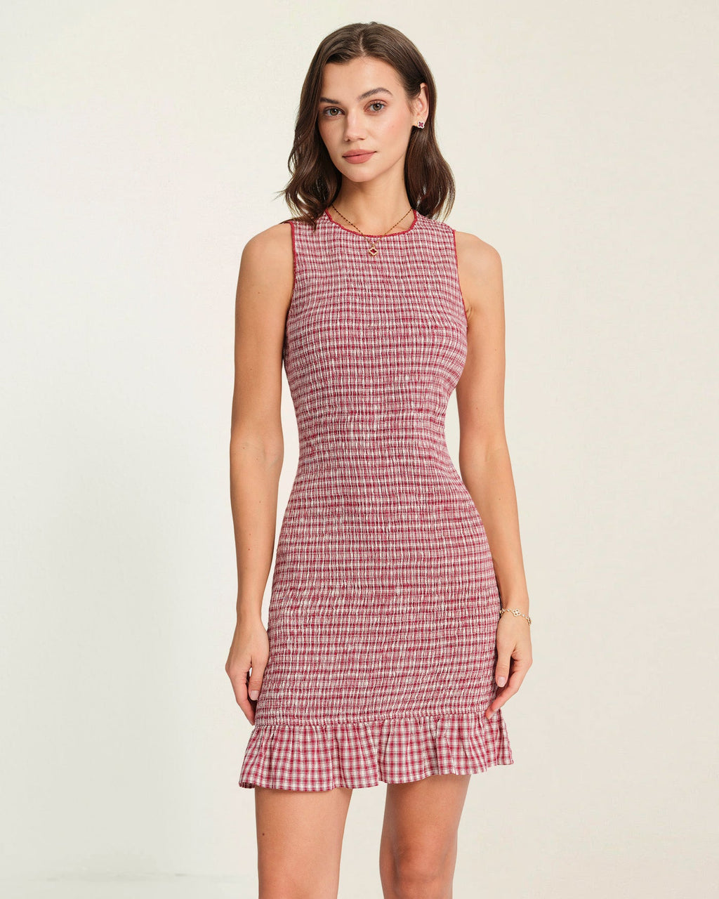 Red Plaid Mini Dress with Ruffle Details
