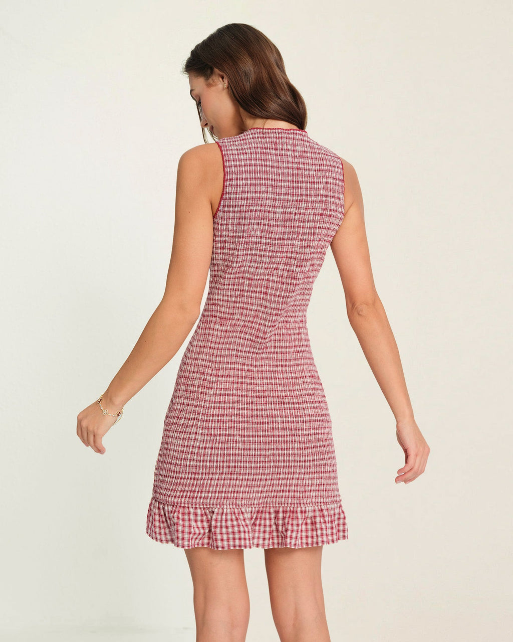 Red Plaid Mini Dress with Ruffle Details