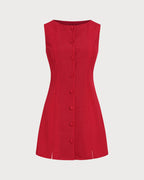 Crimson Boat Neck Button-Up Mini Dress