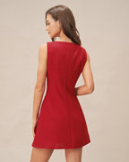 Crimson Boat Neck Button-Up Mini Dress