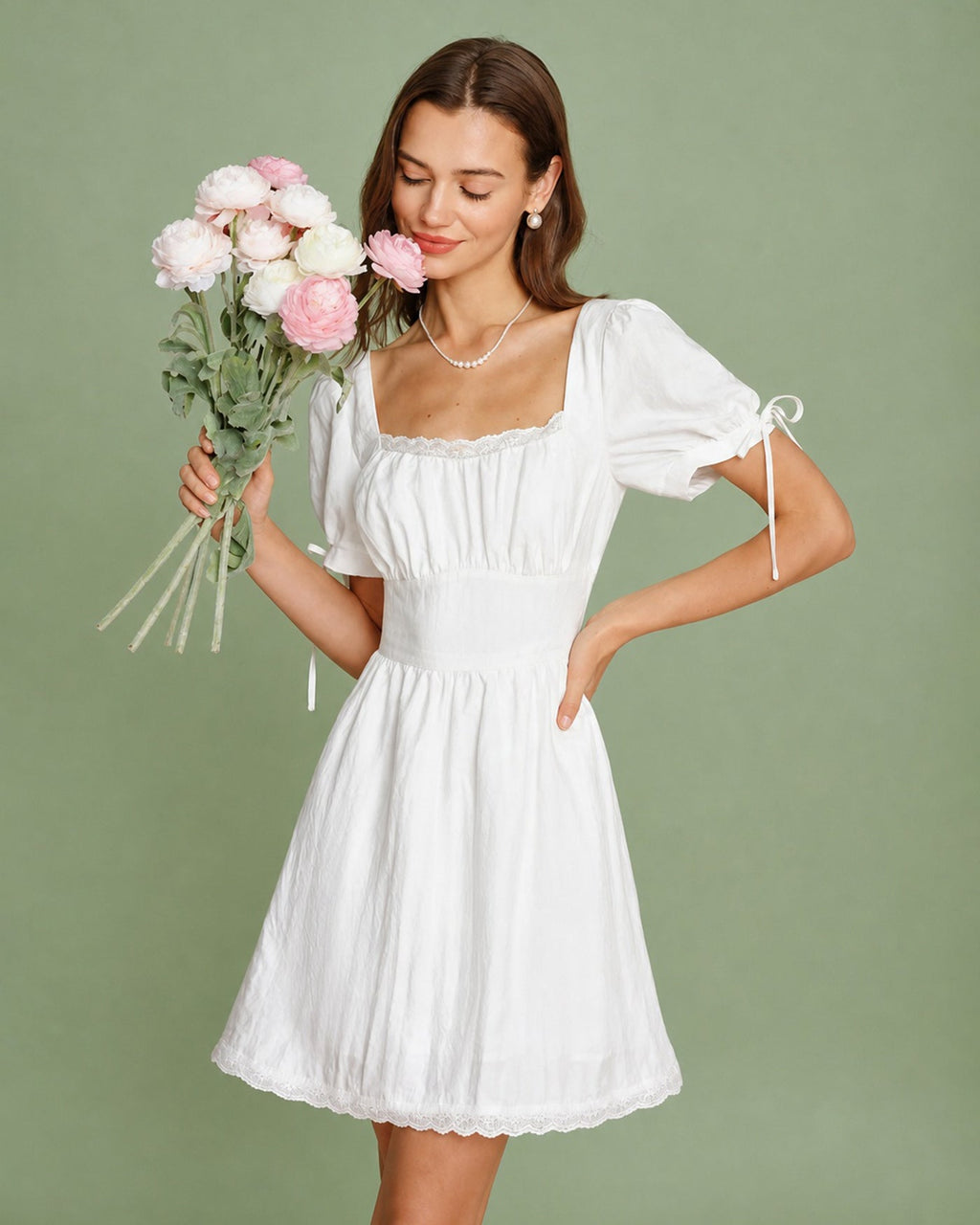 White Lace Mini Dress with Square Neckline