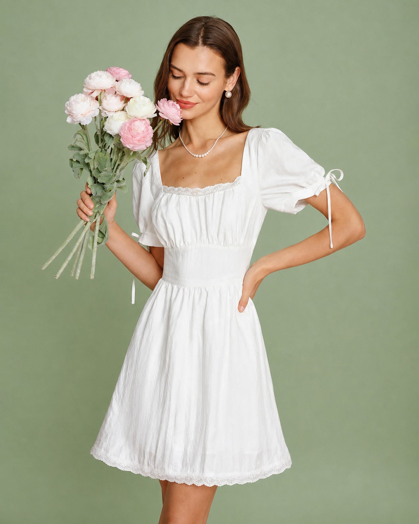 White Lace Mini Dress with Square Neckline