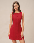 Crimson Boat Neck Button-Up Mini Dress