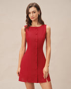 Crimson Boat Neck Button-Up Mini Dress