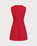 Crimson Boat Neck Button-Up Mini Dress