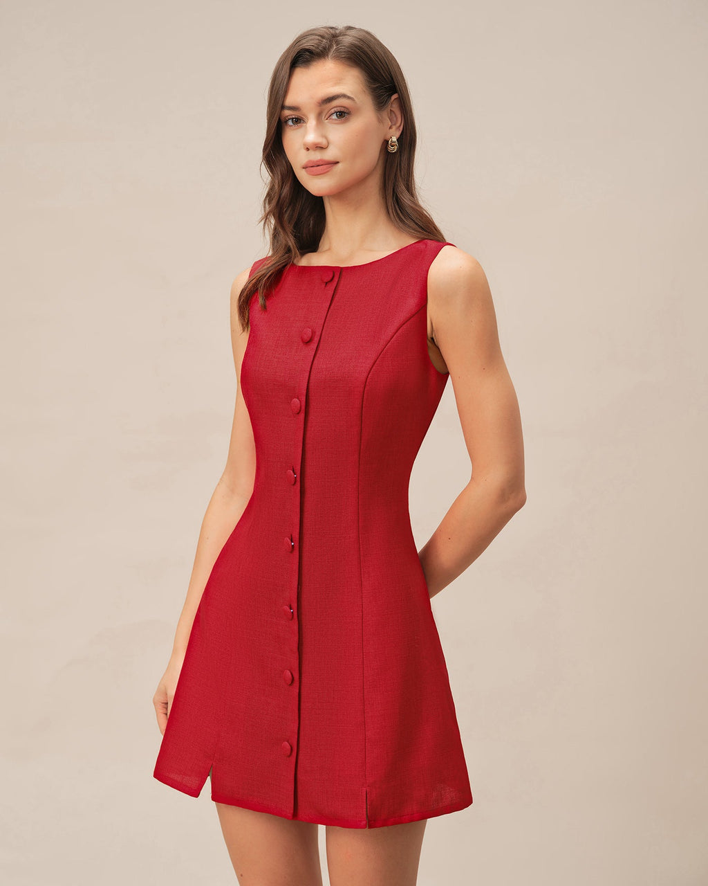 Crimson Boat Neck Button-Up Mini Dress