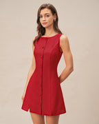 Crimson Boat Neck Button-Up Mini Dress