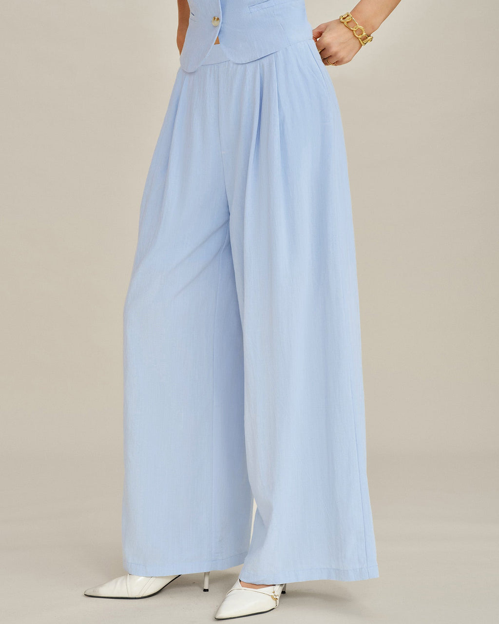 Solid Blue Straight-Leg Pants with Pockets
