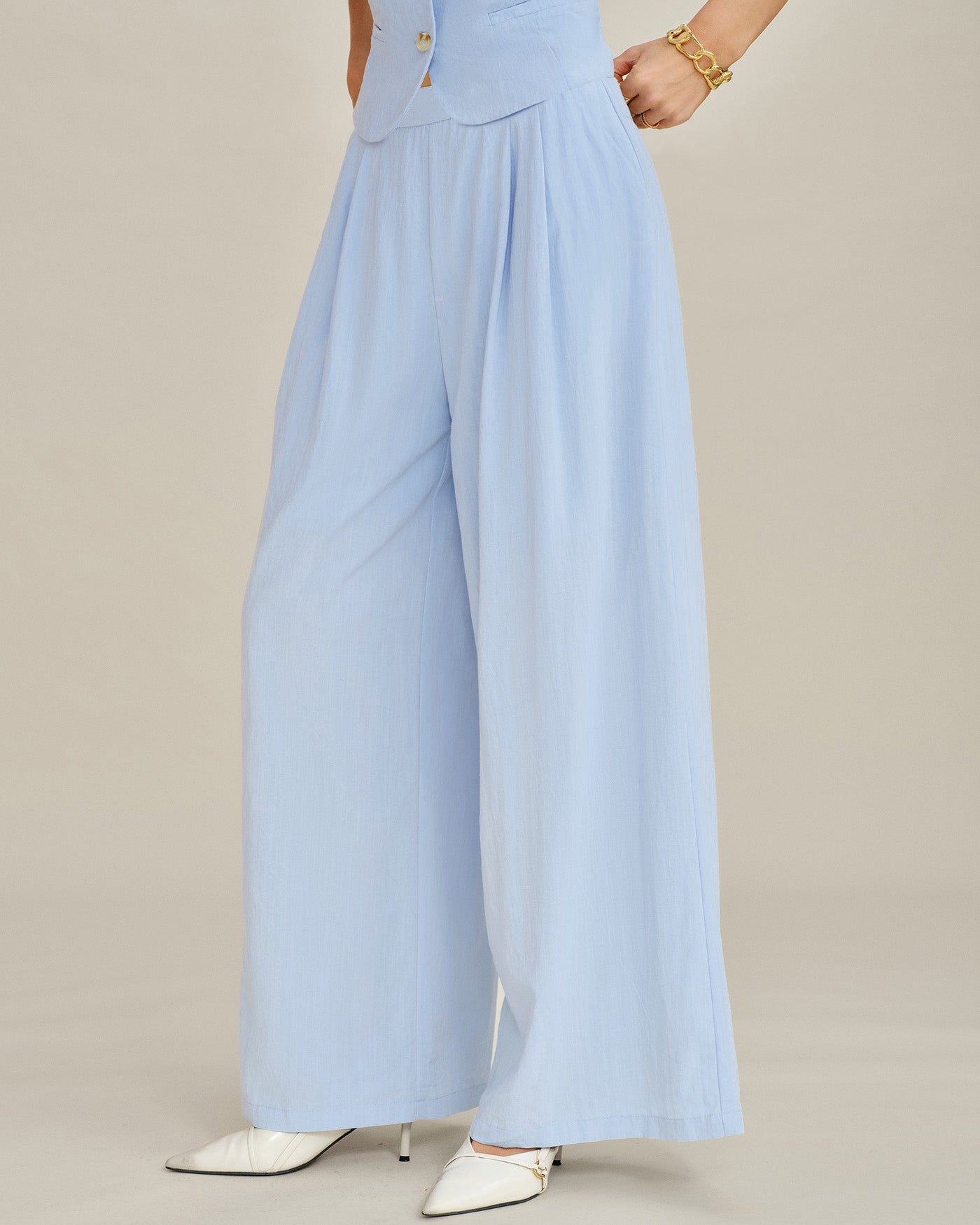Solid Blue Straight-Leg Pants with Pockets