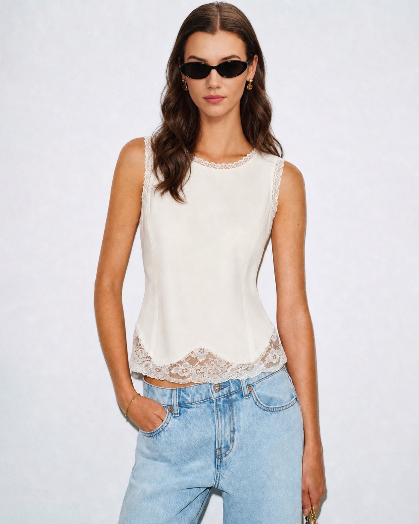 Apricot Lace-Trimmed Tie Tank