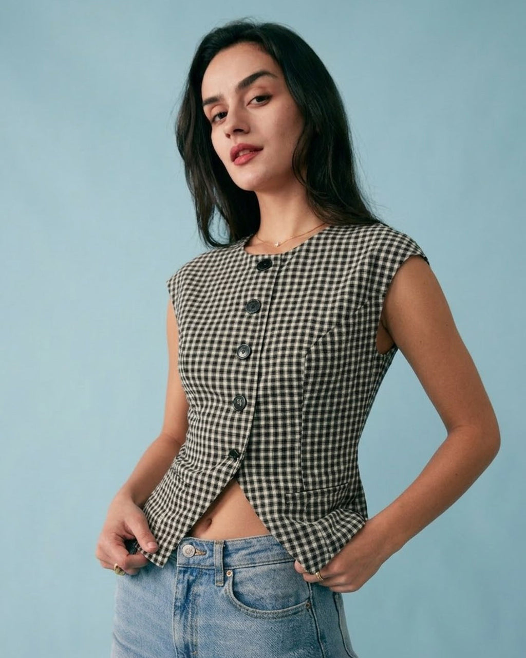 Plaid Viscose T-Shirt in Black