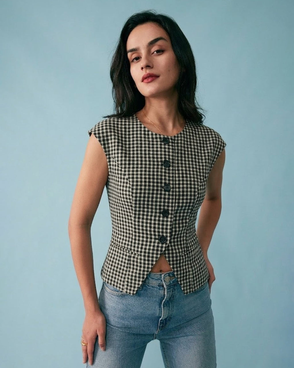 Plaid Viscose T-Shirt in Black