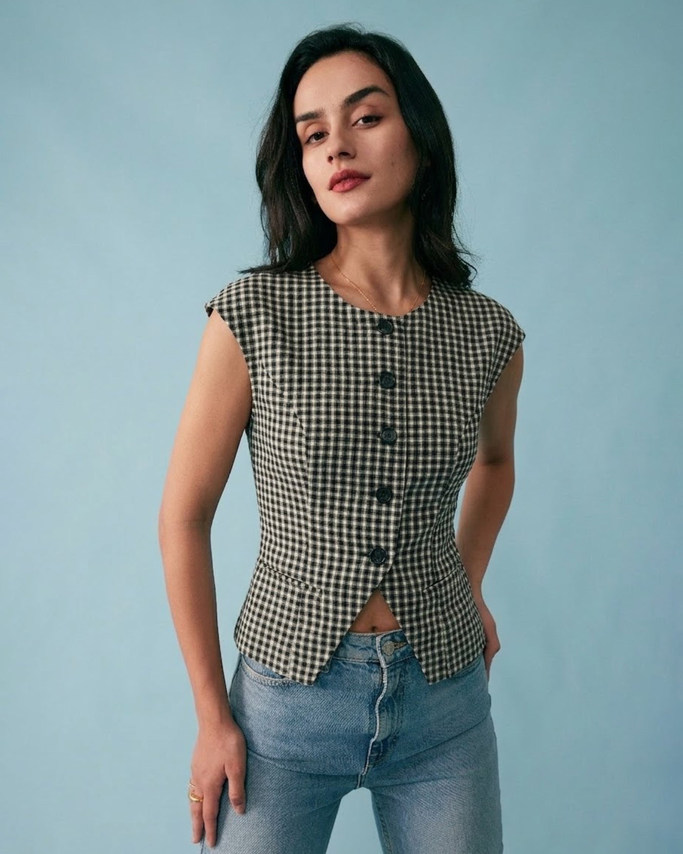 Plaid Viscose T-Shirt in Black