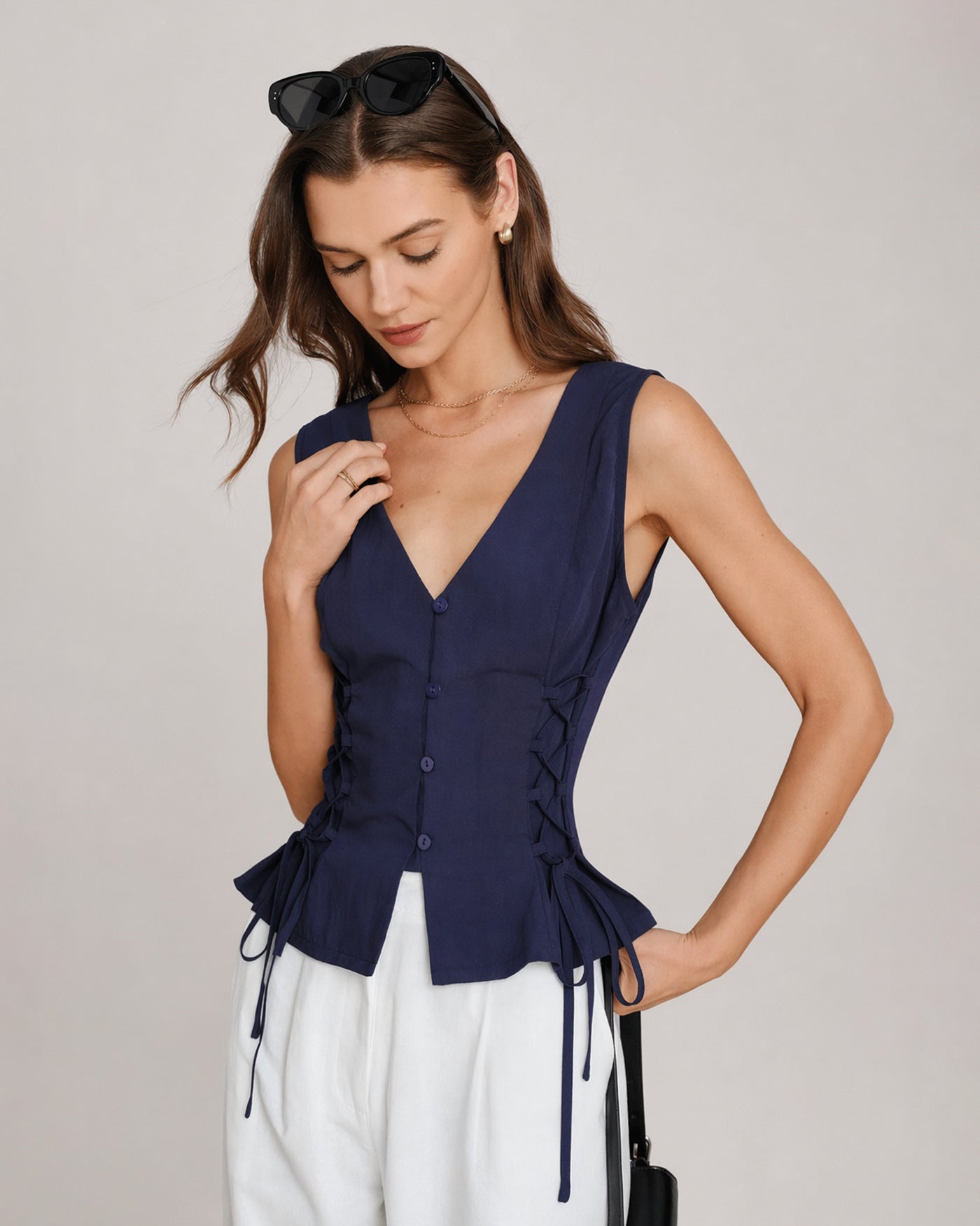 Navy V-Neck Tie Vest with Single Breasted Design