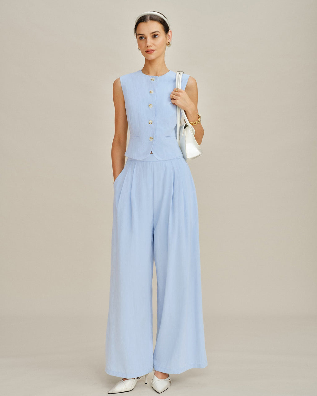 Blue Single-Breasted Vest with Pockets
